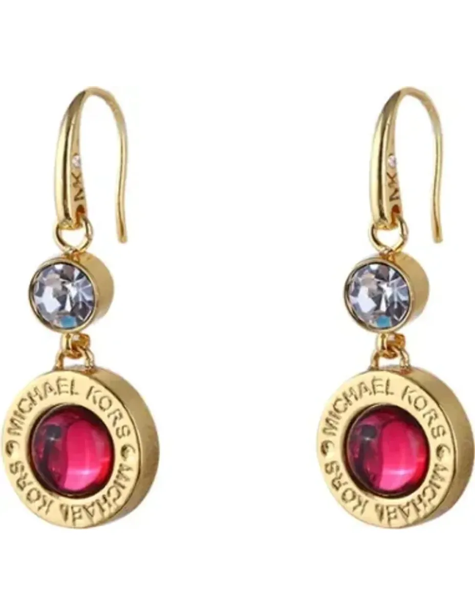Boucles d'oreilles Michael Kors logo plaqué or jaune et pierre rose