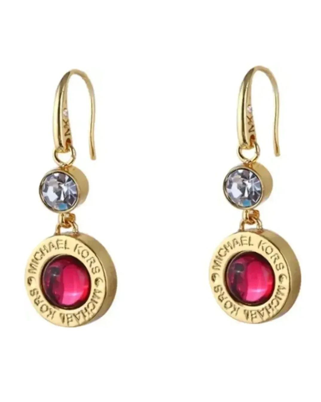 Boucles d'oreilles Michael Kors collection logo plaqué or jaune verre rose