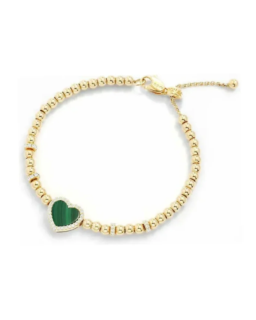 Bracelet APM Monaco ajustable cœur malachite cristaux plaqué or jaune