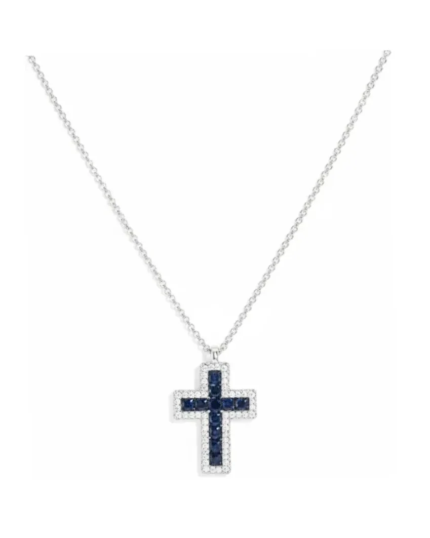 Collier APM Monaco Croix Pavé Argent 925 Zirconium Bleu Unisexe