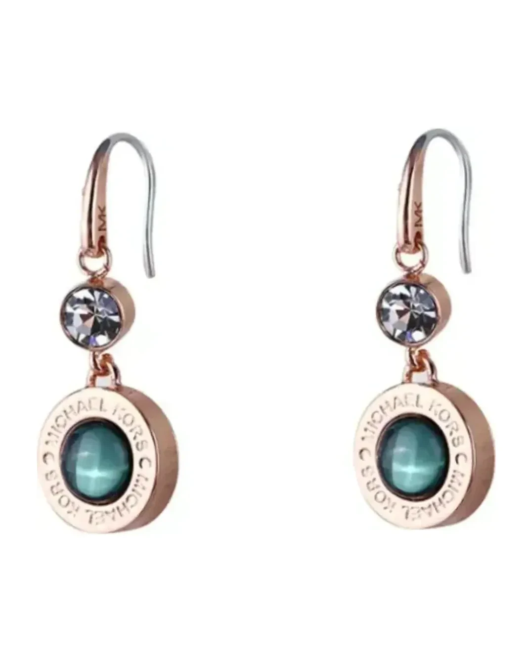 Boucles d'oreilles Michael Kors collection logo plaqué or rose pierre verre vert femme