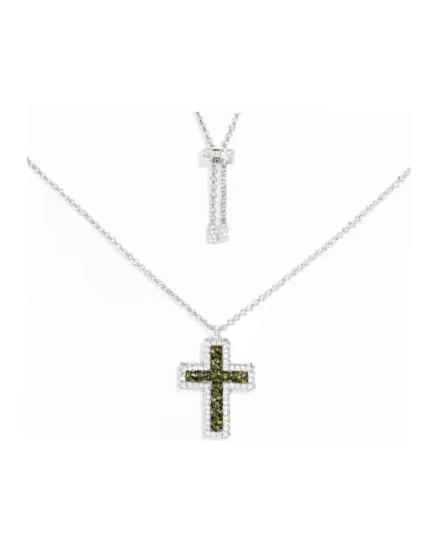 Collier APM Monaco Croix Pavé Argent 925 Vert Kaki Unisexe