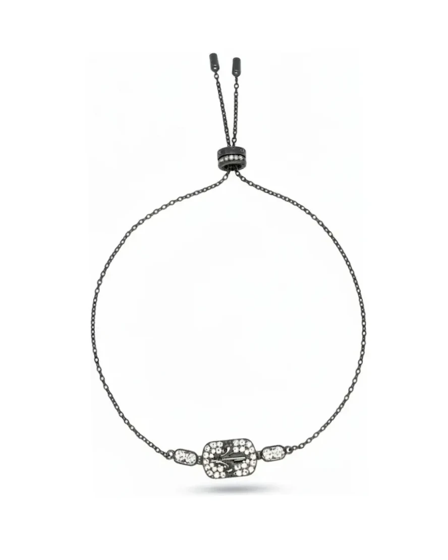 Bracelet APM Monaco ajustable médaille argent noir fleur de lys zirconiums
