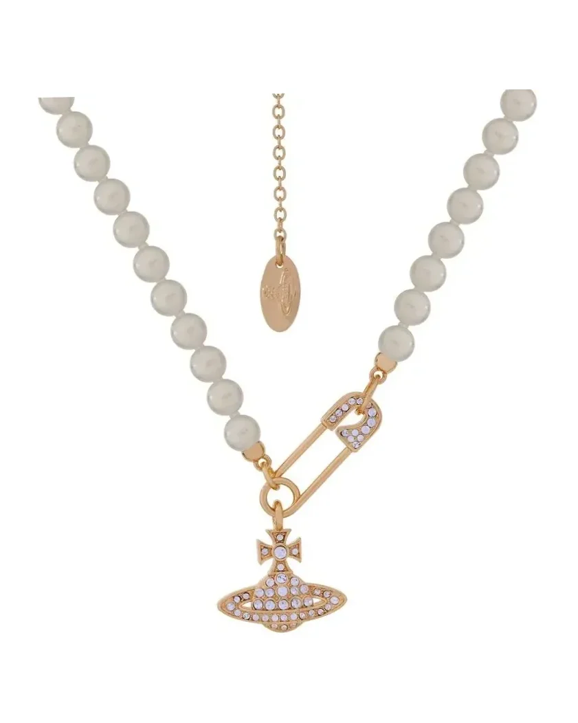 Collier Vivienne Westwood Lucrece épingle à nourrice perles or zirconium femme