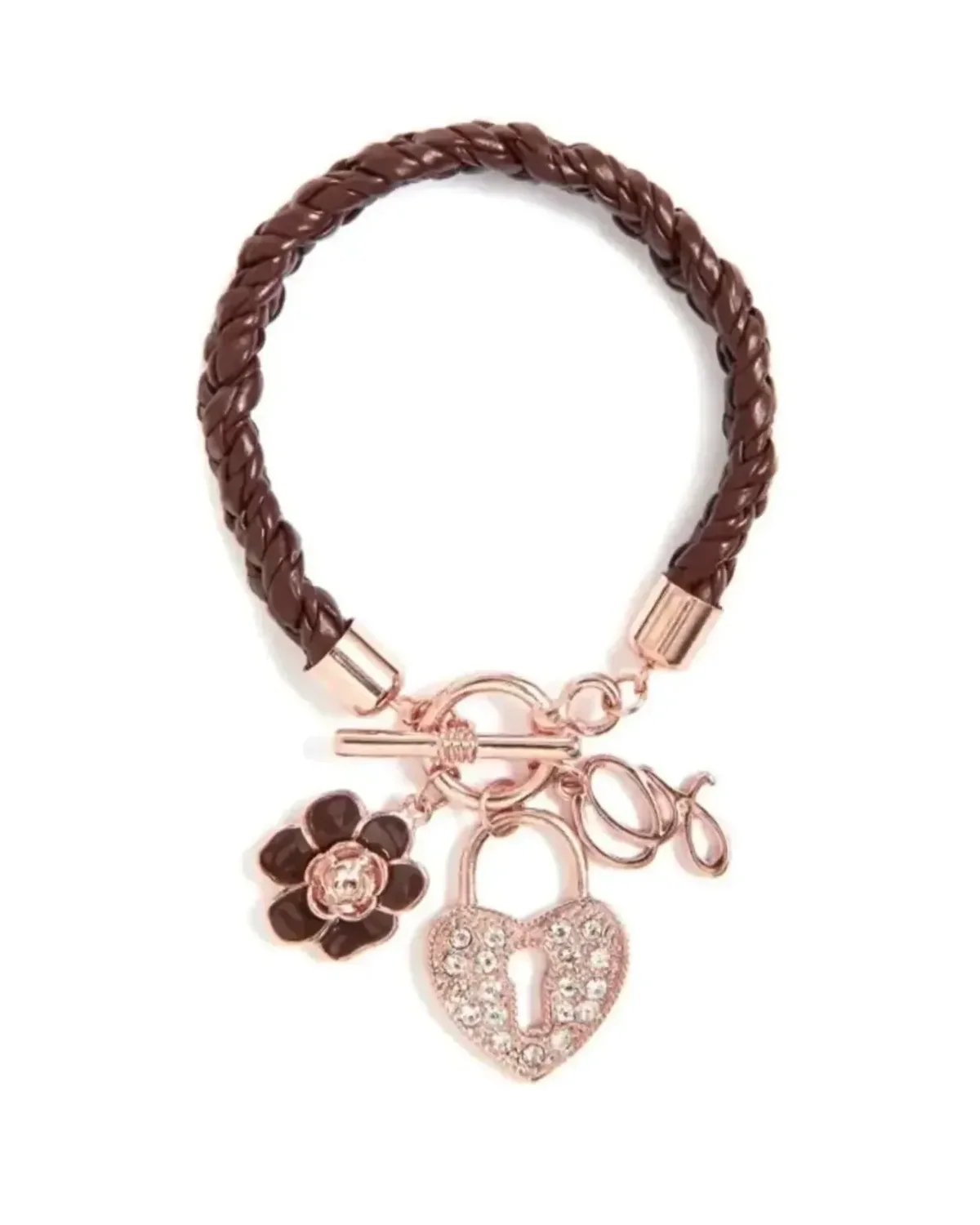 Bracelet Guess cuir tressé brun avec breloques or rose femme