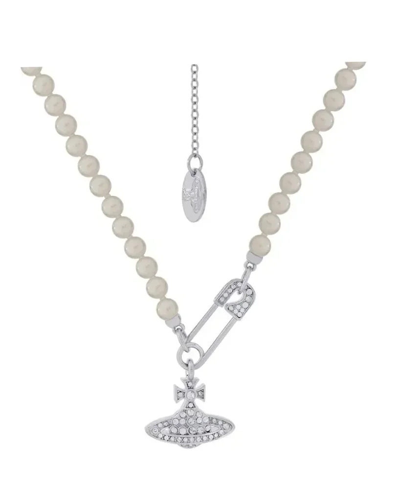 Collier Vivienne Westwood Lucrece épingle à nourrice perles argent zirconium femme