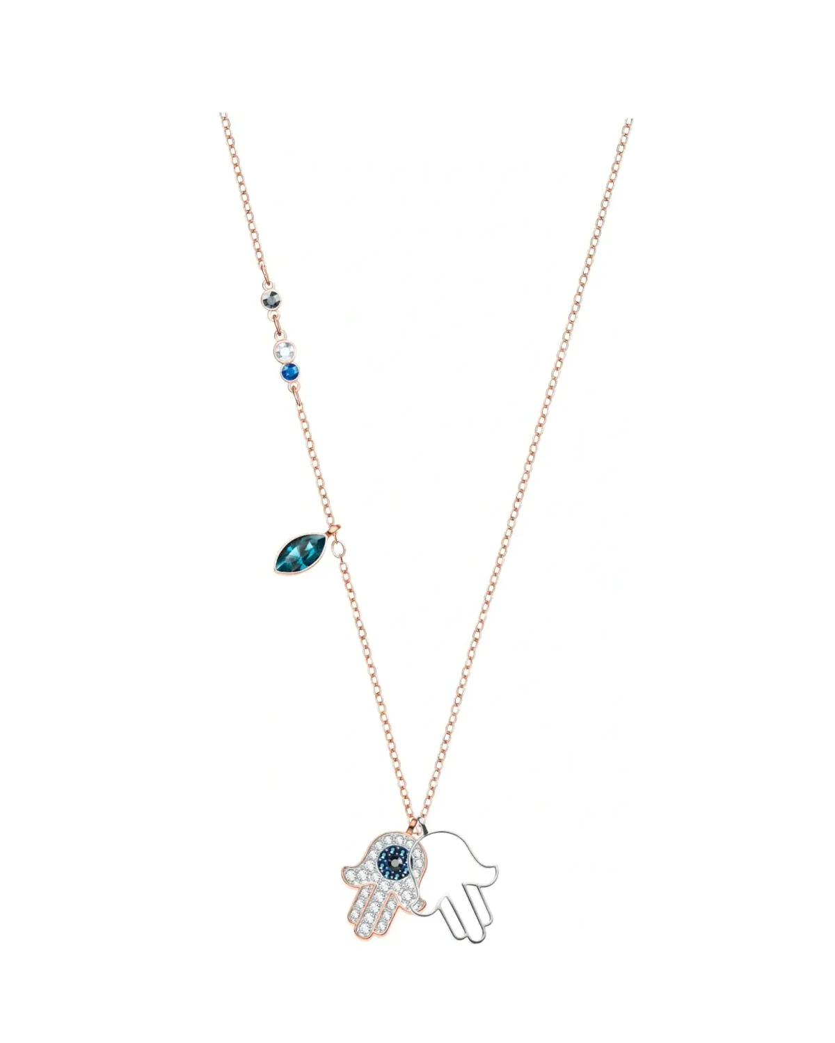 Collier Swarovski Duo Hamsa Hand plaqué or rose cristaux blancs bleus femme