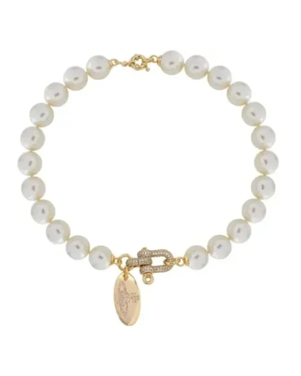 Choker Vivienne Westwood bas relief perles blanches fermoir zirconium crème femme