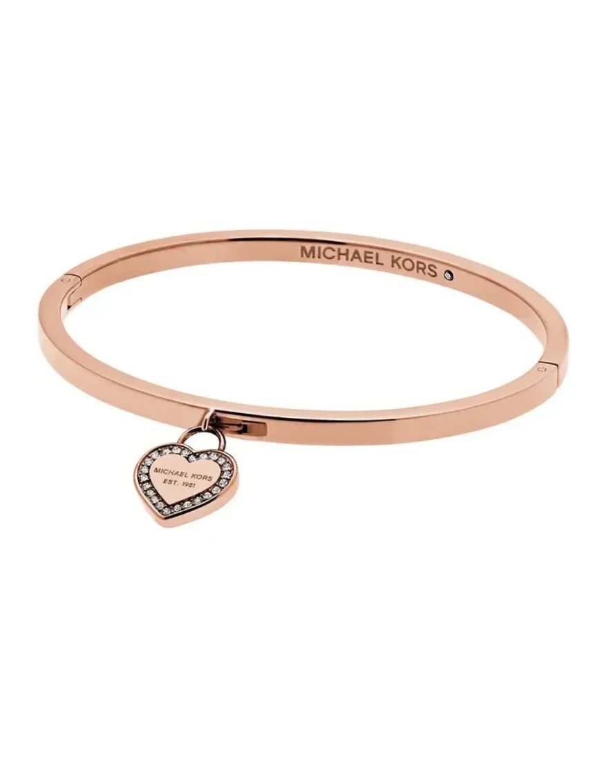 Bracelet Michael Kors acier inoxydable or rose breloque cœur strass femme
