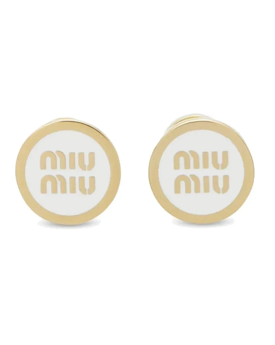 Boucles d'oreilles Miu Miu disque logo acier plaqué or blanc femme