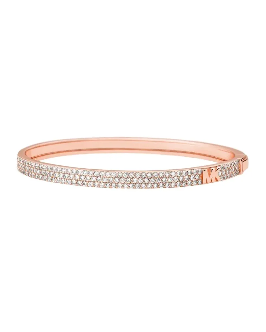 Bracelet jonc Michael Kors logo MK argent plaqué or rose zirconium femme